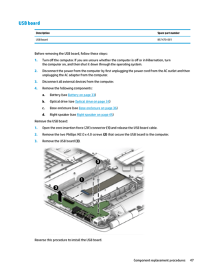 Page 57USB boardDescriptionSpare part numberUSBboard857470-001
BeforeremovingtheUSBboard,followthesesteps:
1.Turno