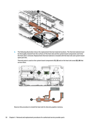 Page 602.Thefollowingillustrationshowsthereplacementthermalmateriallocations.Thethermalmaterialmust
bethoroughlycleanedfromthesurfacesoftheheatsinkandthesystemboardcomponentseachtime theheatsinkisremoved.Replacementthermalmaterialisincludedwiththeheatsinkandsystemboard
sparepartkits.
Thermalpasteisusedonthesystemboardcomponents(1), (3)andontheheatsinkareas (2), (4)that
servicethem....