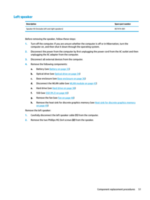 Page 61Left speakerDescriptionSpare part numberSpeakerKit(includesleftandrightspeakers)857474-001
Beforeremovingthespeaker,followthesesteps:
1.Turno