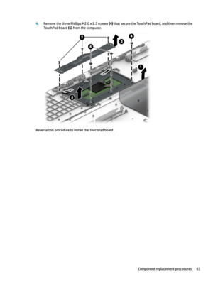 Page 734.RemovethethreePhillipsM2.0x2.5screws(4)thatsecuretheTouchPadboard,andthenremovethe
TouchPadboard
(5)fromthecomputer.
ReversethisproceduretoinstalltheTouchPadboard.
Componentreplacementprocedures63 