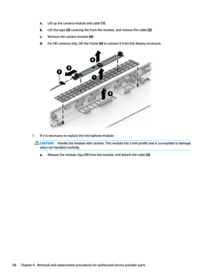 Page 78a.Liftupthecameramoduleandcable(1).
b.Liftthetape(2)coveringthefromthemodule,andremovethecable(3).
c.Removethecameramodule(4).
d.ForHDcamerasonly,lifttheframe(5)toremoveitfromthedisplayenclosure.
7.Ifitisnecessarytoreplacethemicrophonemodule:
CAUTION:Handlethemodulewithcaution.Thismodulehasathinpro