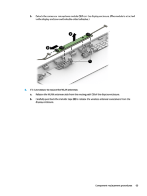 Page 79b.Detachthecameraormicrophonemodule(3)fromthedisplayenclosure.(Themoduleisattached
tothedisplayenclosurewithdouble-sidedadhesive.)
8.IfitisnecessarytoreplacetheWLANantennas:
a.ReleasetheWLANantennacablefromtheroutingpath(1)ofthedisplayenclosure.
b.Carefullypeelbackthemetallictape(2)toreleasethewirelessantennatransceiversfromthe
displayenclosure.
Componentreplacementprocedures69 