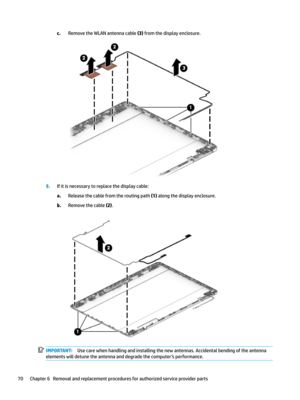 Page 80c.RemovetheWLANantennacable(3)fromthedisplayenclosure.
9.Ifitisnecessarytoreplacethedisplaycable:
a.Releasethecablefromtheroutingpath(1)alongthedisplayenclosure.
b.Removethecable(2).
IMPORTANT:Usecarewhenhandlingandinstallingthenewantennas.Accidentalbendingoftheantenna
elementswilldetunetheantennaanddegradethecomputerosperformance.70Chapter6Removalandreplacementproceduresforauthorizedserviceproviderparts  