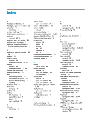 Page 98Index
A
ACadapterandbattery6
ACadapter,sparepartnumber26
actionkeys13
identifying13
airplanemodekey14
antenna,sparepartnumber64
antennas
removal69,70
antennas,sparepartnumber24
audio,productdescription3
audio-out(headphone)/audio-in(microphone)jack,identifying
7
B
backcover,sparepartnumber24,
64
backups76
baseenclosure
removal36
sparepartnumbers22,36
battery
removal33
sparepartnumber22,33
batterycover,identifying15
batteryreleaselatch15
BIOS
determiningversion72...