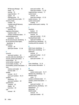 Page 100HPRecoveryManager78
media79
starting79
supporteddiscs77
system78
USB