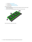 Page 52a.Battery(seeBatteryonpage33)
b.Opticaldrive(seeOpticaldriveonpage34)
c.Baseenclosure(seeBaseenclosureonpage36)
Removethememorymodule:
1.Spreadtheretainingtabs(1)oneachsideofthememorymoduleslottoreleasethememorymodule.
(Thememorymoduletiltsup.)
2.Removethememorymodule(2)bypullingthemoduleawayfromtheslotatanangle.
Reversethisproceduretoinstallamemorymodule.
42Chapter6Removalandreplacementproceduresforauthorizedserviceproviderparts 