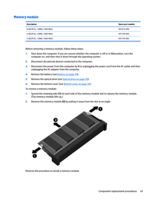 Page 51Memory moduleDescriptionSpare part number8-GB(PC3L,12800,1600-MHz)693374-0054-GB(PC3L,12800,1600-MHz)691740-0052-GB(PC3L,12800,1600-MHz)691739-005
Beforeremovingamemorymodule,followthesesteps:
1.Shutdownthecomputer.Ifyouareunsurewhetherthecomputeriso