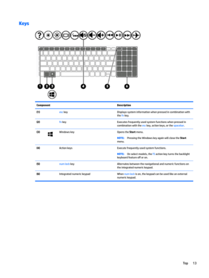 Page 21KeysComponentDescription(1)esckeyDisplayssysteminformationwhenpressedincombinationwith
the
fnkey.
(2)fnkeyExecutesfrequentlyusedsystemfunctionswhenpressedin
combinationwiththe
esckey,actionkeys,orthespacebar.
(3)WindowskeyOpenstheStartmenu.NOTE:PressingtheWindowskeyagainwillclosetheStart 
menu.
(4)ActionkeysExecutefrequentlyusedsystemfunctions.NOTE:Onselectmodels,thef5actionkeyturnsthebacklight
keyboardfeature
o