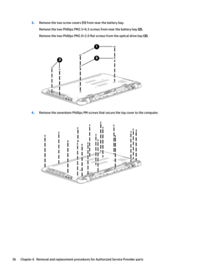 Page 443.Removethetwoscrewcovers(1)fromnearthebatterybay.
RemovethetwoPhillipsPM2.5