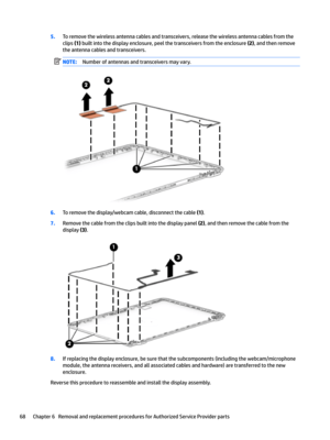 Page 765.Toremovethewirelessantennacablesandtransceivers,releasethewirelessantennacablesfromtheclips
(1)builtintothedisplayenclosure,peelthetransceiversfromtheenclosure(2),andthenremove
theantennacablesandtransceivers.NOTE:Numberofantennasandtransceiversmayvary.
6.Toremovethedisplay/webcamcable,disconnectthecable(1).
7.Removethecablefromtheclipsbuiltintothedisplaypanel(2),andthenremovethecablefromthe
display
(3)....