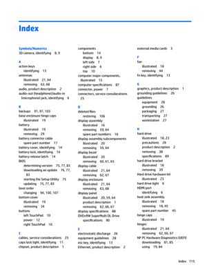 Page 123Index
Symbols/Numerics
3Dcamera,identifying8,9
A
actionkeys
identifying13
antennas
illustrated21,64
removing63,68
audio,productdescription2
audio-out(headphone)/audio-in(microphone)jack,identifying
6
B
backups91,97,103
baseenclosurehingecaps
illustrated19
battery
illustrated19
removing29
batteryconnectorcable
sparepartnumber17
batterycover,identifying14
batterylock,identifying14
batteryreleaselatch14
BIOS
determiningversion75,77,83
downloadinganupdate76,77,
83...