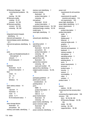 Page 124HPRecoveryManager106
correctingbootproblems94,
100
starting94,100
HPRecoverymedia
creating91,97
recovery94,100
HPRecoverypartition
recovery94,100
removing96,100
I
integratednumerickeypad,identifying
13
internalcardexpansion3
internaldisplayswitch,identifying
8,9
internalmicrophones,identifying8,
9
J
jacks
audio-out(headphone)/audio-in(microphone)
6
network7
RJ-45(network)7
K
keyboard
illustrated16,34
productdescription3
keys
action13
esc13
fn13
Windows13
L...