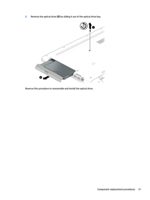 Page 392.Removetheopticaldrive(2)byslidingitoutoftheopticaldrivebay.
Reversethisproceduretoreassembleandinstalltheopticaldrive.
Componentreplacementprocedures31 