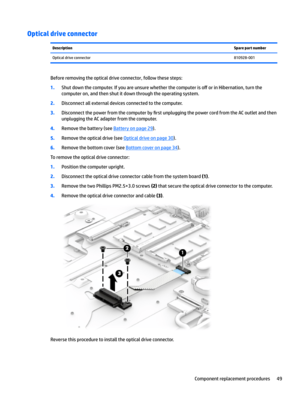 Page 57Optical drive connectorDescriptionSpare part numberOpticaldriveconnector810928-001
Beforeremovingtheopticaldriveconnector,followthesesteps:
1.Shutdownthecomputer.Ifyouareunsurewhetherthecomputeriso