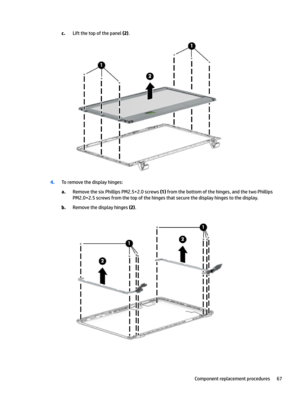 Page 75c.Liftthetopofthepanel(2).
4.Toremovethedisplayhinges:
a.RemovethesixPhillipsPM2.5