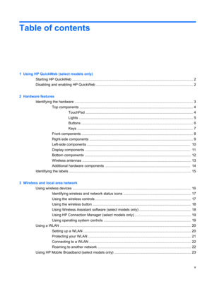Page 5Table of contents
1  Using HP QuickWeb (select models only)
Starting HP QuickWeb ......................................................................................................................... 2
Disabling and enabling HP QuickWeb ................................................................................................. 2
2  Hardware features
Identifying the hardware ....................................................................................................................... 3...