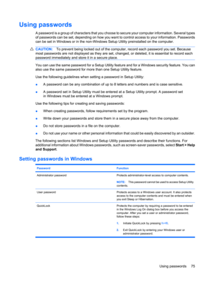 Page 85Using passwords
A password is a group of characters that you choose to secure your computer information. Several types
of passwords can be set, depending on how you want to control access to your information. Passwords
can be set in Windows or in the non-Windows Setup Utility preinstalled on the computer.
CAUTION:To prevent being locked out of the computer, record each password you set. Because
most passwords are not displayed as they are set, changed, or deleted, it is essential to record each
password...