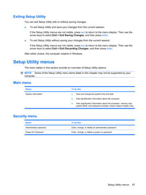 Page 107Exiting Setup Utility
You can exit Setup Utility with or without saving changes.
●To exit Setup Utility and save your changes from the current session:
If the Setup Utility menus are not visible, press esc to return to the menu display. Then use the
arrow keys to select Exit > Exit Saving Changes, and then press enter.
●To exit Setup Utility without saving your changes from the current session:
If the Setup Utility menus are not visible, press esc to return to the menu display. Then use the
arrow keys to...