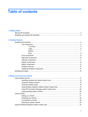 Page 5Table of contents
1  Getting started
Starting HP QuickWeb ......................................................................................................................... 2
Disabling and enabling HP QuickWeb ................................................................................................. 3
2  Hardware features
Identifying the hardware ....................................................................................................................... 4
Top components...