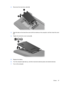 Page 572.Reconnect the hard drive cable (3).
3.Align the tabs on the hard drive cover with the notches on the computer, and then close the cover
(1).
4.Tighten the hard drive cover screws (2).
5.Replace the battery.
6.Turn the computer right-side up, and then reconnect external power and external devices.
7.Turn on the computer.
Drives 47 