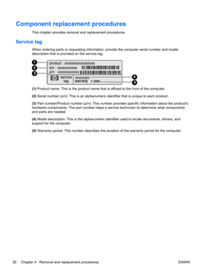 Page 38Component replacement procedures
This chapter provides removal and replacement procedures.
Service tag
When ordering parts or requesting information, provide the computer serial number and model
description that is provided on the service tag.
(1) Product name: This is the product name that is affixed to the front of the computer.
(2) Serial number (s/n): This is an alphanumeric identifier that is unique to each product.
(3) Part number/Product number (p/n): This number provides specific information...