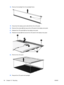 Page 10218.Remove the backlight from the backlight frame.
19.Disconnect the display panel cable (1) from the LCD panel.
20.Remove the screws (2) that secure the LCD panel to the display rear panel.
21.Release the LCD panel (3) from the display rear panel.
22.Release the tape (4) that secures the LCD panel to the display rear panel.
23.Remove the LCD panel.
24.Recycle the LCD panel and backlight.
94 Chapter 10   RecyclingENWW 