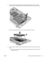 Page 436.Disconnect the hard drive/solid state drive connector from the system board (1), and then
remove the four screws (2) that secure the hard drive/solid state drive to the base enclosure.
7.Lift the hard drive/solid state drive out of the hard drive/solid state drive bay.
8.If it is necessary to replace the hard drive/solid state drive bracket or connector, follow these
steps:
a.Remove the 4 screws (1) that secure the hard drive/solid state drive bracket to the hard
drive/solid state drive.
ENWW Component...