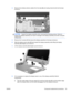 Page 614.Remove the wireless antenna cables from the clips (2) and routing channel built into the base
enclosure.
CAUTION:Support the display assembly when removing the following screws. Failure to
support the display assembly can result in damage to the display assembly and other computer
components.
5.Remove the 4 screws (1) that secure the display assembly to the base enclosure.
6.Slide the display panel cable (2) back toward the display assembly while lifting the display
assembly (3) straight up to remove...