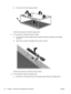 Page 62b.Lift up and remove the display bezel (4).
Reverse this procedure to install the display bezel.
9.If it is necessary to replace the webcam module:
a.Lift the webcam module straight up (1) to release the adhesive material from the display
enclosure.
b.Disconnect the webcam cable (2) from the webcam module.
Reverse this procedure to install the webcam module.
10.If it is necessary to replace the display panel:
a.Remove the 4 screws (1) that secure the display hinge brackets to the display panel.
54...