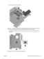 Page 692.Remove the heat sink assembly (2).
NOTE:The thermal material must be thoroughly cleaned from the surfaces of the heat sink
assembly and the system board each time the heat sink assembly is removed:
Thermal pads are located on the heat sink (1) and on the base enclosure (2) underneath the
heat sink.
Reverse this procedure to install the heat sink assembly.
ENWW Component replacement procedures 61 