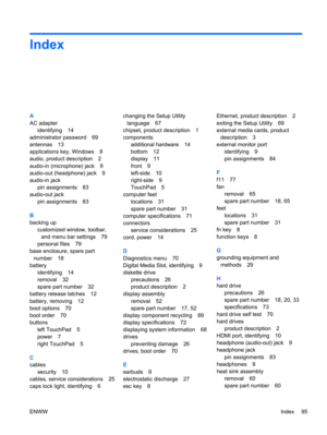Page 103Index
A
AC adapter
identifying 14
administrator password 69
antennas 13
applications key, Windows 8
audio, product description 2
audio-in (microphone) jack 9
audio-out (headphone) jack 9
audio-in jack
pin assignments 83
audio-out jack
pin assignments 83
B
backing up
customized window, toolbar,
and menu bar settings 79
personal files 79
base enclosure, spare part
number 18
battery
identifying 14
removal 32
spare part number 32
battery release latches 12
battery, removing 12
boot options 70
boot order 70...