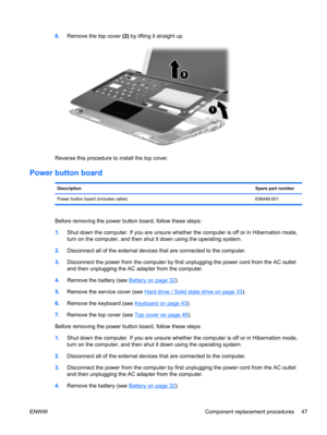 Page 556.Remove the top cover (2) by lifting it straight up.
Reverse this procedure to install the top cover.
Power button board
DescriptionSpare part number
Power button board (includes cable) 636448-001
Before removing the power button board, follow these steps:
1.Shut down the computer. If you are unsure whether the computer is off or in Hibernation mode,
turn on the computer, and then shut it down using the operating system.
2.Disconnect all of the external devices that are connected to the computer....