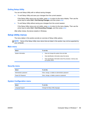 Page 77Exiting Setup Utility
You can exit Setup Utility with or without saving changes.
●To exit Setup Utility and save your changes from the current session:
If the Setup Utility menus are not visible, press esc to return to the menu display. Then use the
arrow keys to select Exit > Exit Saving Changes, and then press enter.
●To exit Setup Utility without saving your changes from the current session:
If the Setup Utility menus are not visible, press esc to return to the menu display. Then use the
arrow keys to...