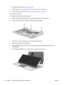 Page 524.Remove the battery (see Battery on page 32).
5.Remove the service cover (see 
Hard drive / Solid state drive on page 33).
6.Remove the hard drive (see 
Hard drive / Solid state drive on page 33).
Removing the keyboard:
To remove the keyboard, follow these steps:
1.Position the computer upside down on a flat surface, with the rear toward you.
2.Remove the 3 screws that secure the keyboard to the computer.
3.Position the computer display-side up, with the front toward you.
4.Open the computer as far as...