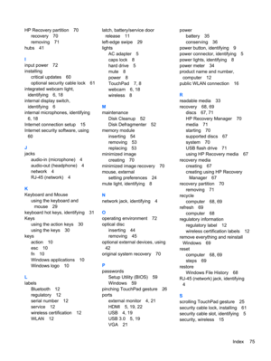 Page 85HP Recovery partition 70
recovery 70
removing 71
hubs 41
I
input power 72
installing
critical updates 60
optional security cable lock 61
integrated webcam light,
identifying 6, 18
internal display switch,
identifying 6
internal microphones, identifying
6, 18
Internet connection setup 15
Internet security software, using
60
J
jacks
audio-in (microphone) 4
audio-out (headphone) 4
network 4
RJ-45 (network) 4
K
Keyboard and Mouse
using the keyboard and
mouse 29
keyboard hot keys, identifying 31
Keys
using...