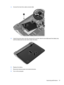 Page 614.Connect the hard drive cable connector (4).
5.Lower the service door onto the computer (1), and then slide the door (2) toward the battery bay
until the battery/service door latch snaps into place.
6.Replace the battery.
7.Reconnect external power and external devices.
8.Turn on the computer.
Improving performance 51 