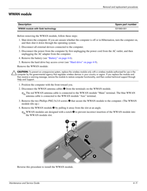 Page 47Removal and replacement procedures
Maintenance and Service Guide4–11
WWAN module
Before removing the WWAN module, follow these steps:
1. Shut down the computer. If you are unsure whether the computer is off or in Hibernation, turn the computer on,  and then shut it down through the operating system.
2. Disconnect all external devices connected to the computer.
3. Disconnect the power from the computer by first unplugging the power cord from the AC outlet, and then  unplugging the AC adapter from the...