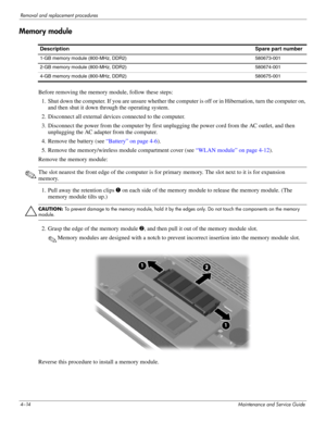 Page 504–14Maintenance and Service Guide
Removal and replacement procedures
Memory module
Before removing the memory module, follow these steps: 
1. Shut down the computer. If you are unsure whether the computer is off or in Hibernation, turn the computer on,  and then shut it down through the operating system. 
2. Disconnect all external devices connected to the computer. 
3. Disconnect the power from the computer by first unplugging the power cord from the AC outlet, and then  unplugging the AC adapter from...