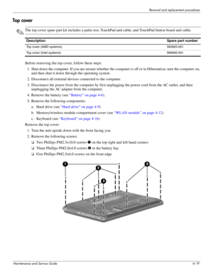 Page 55Removal and replacement procedures
Maintenance and Service Guide4–19
Top cover
✎The top cover spare part kit includes a palm rest, TouchPad and cable, and TouchPad button board and cable.
Before removing the top cover, follow these steps:
1. Shut down the computer. If you are unsure whether the computer is off or in Hibernation, turn the computer on,  and then shut it down through the operating system.
2. Disconnect all external devices connected to the computer.
3. Disconnect the power from the computer...