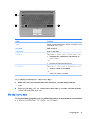 Page 39HotkeyDescription
fn+escDisplays information about system hardware components and the
system BIOS version number.
fn+up arrowScrolls the page up.
fn+down arrowScrolls the page down.
fn+left arrowDepending on the software, one of the following functions occurs:
●Returns the cursor to the beginning of the line where the
cursor is located.
– or –
●Returns to the beginning of the document.
fn+right arrowDepending on the software, one of the following functions occurs:
●Places the cursor at the end of the...