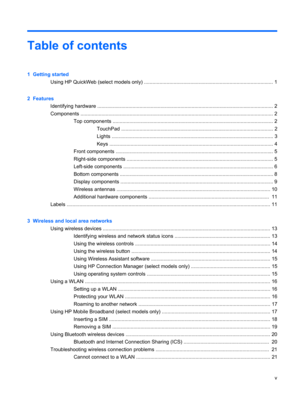 Page 5Table of contents
1  Getting started
Using HP QuickWeb (select models only) ............................................................................................ 1
2  Features
Identifying hardware ............................................................................................................................. 2
Components ......................................................................................................................................... 2
Top components...