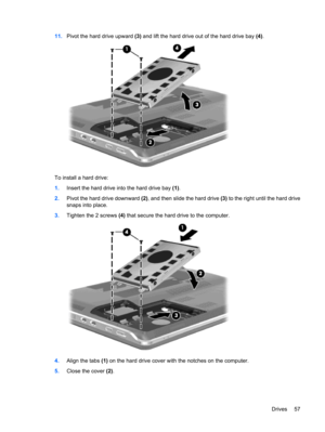 Page 6711.Pivot the hard drive upward (3) and lift the hard drive out of the hard drive bay (4).
To install a hard drive:
1.Insert the hard drive into the hard drive bay (1).
2.Pivot the hard drive downward (2), and then slide the hard drive (3) to the right until the hard drive
snaps into place.
3.Tighten the 2 screws (4) that secure the hard drive to the computer.
4.Align the tabs (1) on the hard drive cover with the notches on the computer.
5.Close the cover (2).
Drives 57 