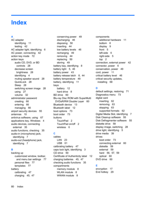 Page 90Index
A
AC adapter
identifying 11
testing 42
AC adapter light, identifying 6
AC power, connecting 42
action key mode 72
action keys
audio CD, DVD, or BD
controls 28
decrease screen
brightness 28
identifying 4
muting speaker sound 28
QuickLock 28
Sleep 28
switching screen image 28
using 27
volume 32
administrator password
creating 66
entering 66
managing 66
airport security devices 55
antennas 10
antivirus software, using 67
applications key, Windows 4
audio devices, connecting
external 35
audio...