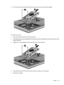 Page 6711.Pivot the hard drive upward (3) and lift the hard drive out of the hard drive bay (4).
To install a hard drive:
1.Insert the hard drive into the hard drive bay (1).
2.Pivot the hard drive downward (2), and then slide the hard drive (3) to the right until the hard drive
snaps into place.
3.Tighten the 2 screws (4) that secure the hard drive to the computer.
4.Align the tabs (1) on the hard drive cover with the notches on the computer.
5.Close the cover (2).
Drives 57 