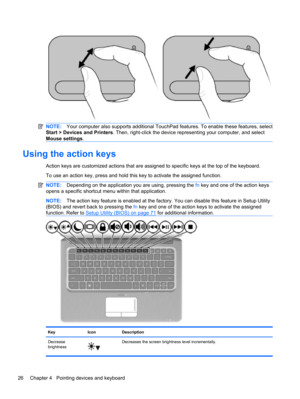 Page 36NOTE:Your computer also supports additional TouchPad features. To enable these features, select
Start > Devices and Printers. Then, right-click the device representing your computer, and select
Mouse settings.
Using the action keys
Action keys are customized actions that are assigned to specific keys at the top of the keyboard.
To use an action key, press and hold this key to activate the assigned function.
NOTE:Depending on the application you are using, pressing the fn key and one of the action keys...