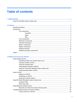 Page 5Table of contents
1  Getting started ................................................................................................................................................ 1
Using HP QuickWeb (select models only) ............................................................................................ 1
2  Features ........................................................................................................................................................... 2
Identifying hardware...