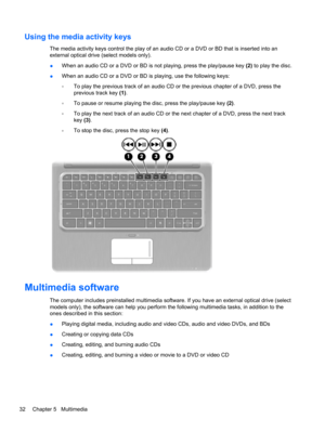 Page 42Using the media activity keys
The media activity keys control the play of an audio CD or a DVD or BD that is inserted into an
external optical drive (select models only).
●When an audio CD or a DVD or BD is not playing, press the play/pause key (2) to play the disc.
●When an audio CD or a DVD or BD is playing, use the following keys:
◦To play the previous track of an audio CD or the previous chapter of a DVD, press the
previous track key (1).
◦To pause or resume playing the disc, press the play/pause key...