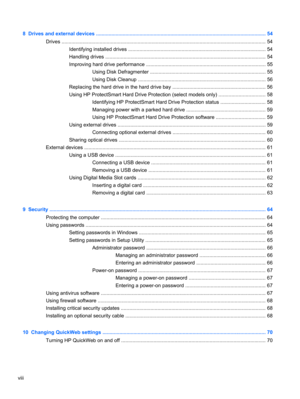 Page 88  Drives and external devices ......................................................................................................................... 54
Drives ................................................................................................................................................. 54
Identifying installed drives .................................................................................................. 54
Handling drives...