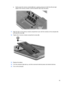 Page 63c.Gently press the memory module (3) down, applying pressure to both the left and right
edges of the memory module, until the retention clips snap into place.
11.Align the tabs on the memory module compartment cover with the notches on the computer (1)
and close the cover (2).
12.Tighten the 2 memory module compartment screws (3).
13.Replace the battery.
14.Turn the computer right-side up, and then reconnect external power and external devices.
15.Turn on the computer.
53 