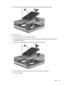 Page 6711.Pivot the hard drive upward (3) and lift the hard drive out of the hard drive bay (4).
To install a hard drive:
1.Insert the hard drive into the hard drive bay (1).
2.Pivot the hard drive downward (2), and then slide the hard drive (3) to the right until the hard
drive snaps into place.
3.Tighten the 2 screws (4) that secure the hard drive to the computer.
4.Align the tabs (1) on the hard drive cover with the notches on the computer.
5.Close the cover (2).
Drives 57 